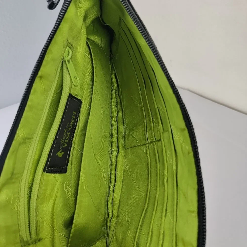 Sophia visconti Clutch Wristlet Studded Black Leather  Lime Green Lined Handbag